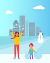 Mother and Daughter in City Vector Illustration