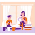 Mother and daughter are wiping the washed dishes. The concept of helping parents, household, joint affairs. Vector illustration in Royalty Free Stock Photo