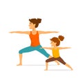 Mother and daughter, woman and girl child doing yoga exercises, standing in warrior two position