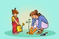 Mother and daughter working in the garden, planting a seedling