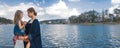 Mother and daughter at Xuan Huong Lake, Dalat, Vietnam. Panorama Royalty Free Stock Photo