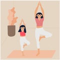 Mother and daughter yogi together in yoga asana pose meditation at home vector illustration. Royalty Free Stock Photo