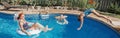 Mother with daughters children resting in swimming pool on backyard. Sisters siblings diving and having fun in swimming pool Royalty Free Stock Photo