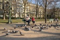 Mother and daughters feeding pigeons