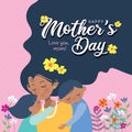 Mother`s Day greeting card - cartoon African mother, son & daughter with flowers Royalty Free Stock Photo