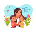 Mother Day card. Smiling family hugs. Mom with little daughter and son. Parents and children embrace. People posing