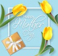 Mother day card with yellow tulips Vector realistic. Gifts and flowers on pink background. Delicate holiday poster Royalty Free Stock Photo