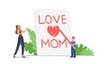 Mother Day Celebration Concept. Tiny Child Character Writing Love Mom on Huge Notebook Page, Son Congratulate Mother Royalty Free Stock Photo