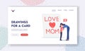 Mother Day Celebration Landing Page Template. Son Embrace and Kiss Mother front of Huge Handmade Greeting Card