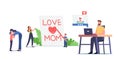 Mother Day Concept. Tiny Child Character Writing Love Mom on Huge Notebook Page, Children and Adults Congratulate Mother Royalty Free Stock Photo