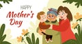 Mother Day. Happy children with mom. Greeting card. Family heart care at home. Relatives hugs and love. Joy mommy parent