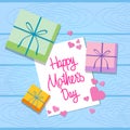 Mother Day Holiday, Greeting Card With Gift Present Box Wooden Texture Background Top Angle View Royalty Free Stock Photo