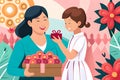 Mother day illustration. Daughter presenting gift to mother.