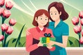 Mother day illustration. Daughter presenting gift to mother. Royalty Free Stock Photo