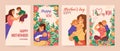 Mother Day. Spring flowers. Happy mom hugging children. Greeting cards set with nature bouquet. Birthday baby in hands