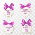 Mother day tags. Cute sale labels with pink bow and ribbon, special retail badges, mom day discount sticker or coupon