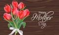 Mother day tulip flowers bouquet Vector realistic. Beautiful spring card holiday. Wooden backgrounds Royalty Free Stock Photo