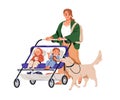 Mother, dog and twins in tandem stroller. Mom walking with two children in pram and puppy pet. Woman with toddlers kids