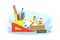 Mother Doing Craft with Her Son at Home, Mother Helping her Child with Homework Vector Illustration