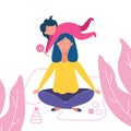 Mother doing yoga and meditating visiting in a lotus pose with a cute naughty daughter on her head. Illustration in