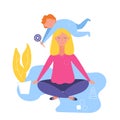 Mother doing yoga and meditating visiting in a lotus pose with a cute naughty baby on her head. Illustration in vector