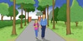 Mother and doughter walking on park illustration