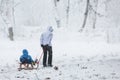 Mother dragging the snow sled with her child behind