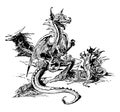 Mother Dragon with Baby Dragons vintage illustration