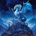 a mother dragon with a bluish color and its flying in a night sky full of stars AI generative