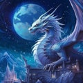 a mother dragon with a bluish color and its flying in a night sky full of stars AI generative