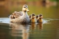 a mother duck with ducklings following her in water