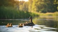 Generative AI. Mother Duck Leading Her Ducklings Through a Serene Pond at Sunset