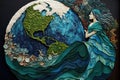 Mother earth concept. Woman careing our planet about environment. Biological diversity or protection of flora and fauna.