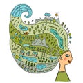 Mother Earth Day concept art. Environmental Protection. Female portrait, Summer green season. Vector card for your