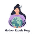 Mother earth day. The girl holds the globe the planet in her hands. Caring for nature concept. Vector illustration Royalty Free Stock Photo