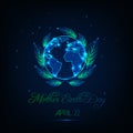 Mother Earth Day greeting card with glow low poly globe map, green leaves, stars and text. Royalty Free Stock Photo