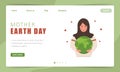 Mother Earth day landing page template. Cute arabian girl expresses love to planet. Perfect for web design, business