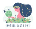 Mother earth day poster with planet and nature beauty woman.