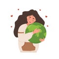 Mother Earth day. Smiling girl expresses love to planet. Caring for Nature. Ecology concept. Environmental problems