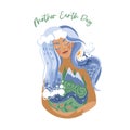 Mother earth day. Woman hugging the planet. Natural world