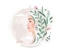 Mother earth person concept vector illustration with woman face and floral, flower elements on planet globe. Nature Royalty Free Stock Photo