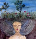 Mother Earth, woman face under ground in the field, fantasy Royalty Free Stock Photo