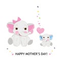 Mother Elephant Baby Elephant. Mother elephant giving baby elephant gift heart balloon. Happy Mother`s Day cute cartoon greeting Royalty Free Stock Photo