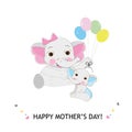 Mother Elephant Baby Elephant. Mother elephant giving baby elephant gift colorful balloon. Happy Mother`s Day cute cartoon greetin