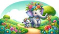 Mother Elephant and Baby Walking in Flower Meadow Royalty Free Stock Photo