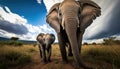 A mother elephant and her calf walking together while grazing on vegetation in Africa, Generative AI