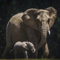 Mother elephant holding baby's trunk and walking in the field on a sunny day