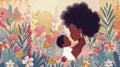 Mother Embracing Child in Lush Floral Garden Colorful Illustration of Family Love and Spring Blossoms Royalty Free Stock Photo