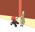 Mother with face masks, due to the coronavirus pandemic, pushes a stroller with her child on empty street.