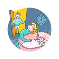 Mother puts the baby to bed. Surprised father. Illustration with family at night.